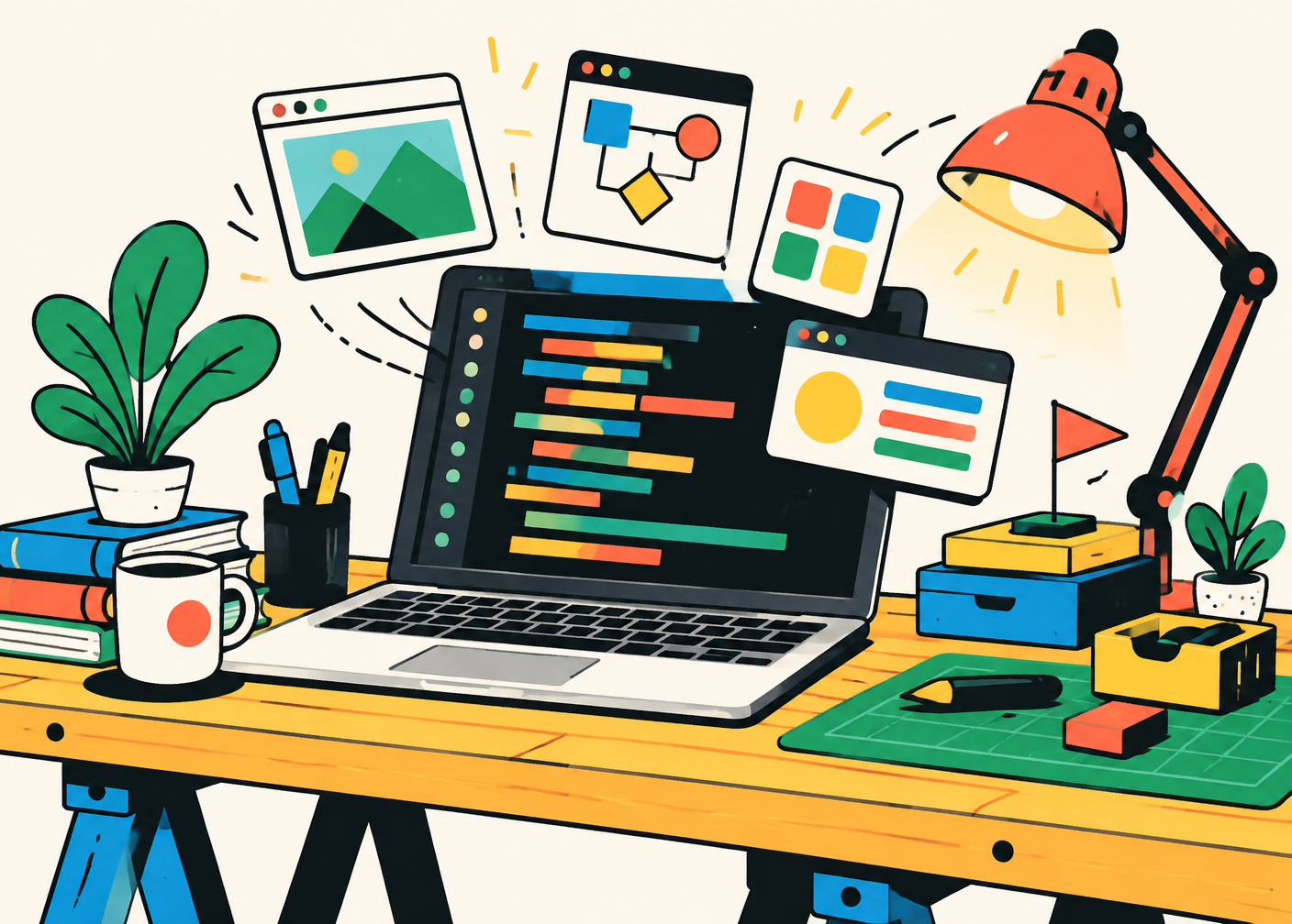 Illustration of a laptop and creative software workspace